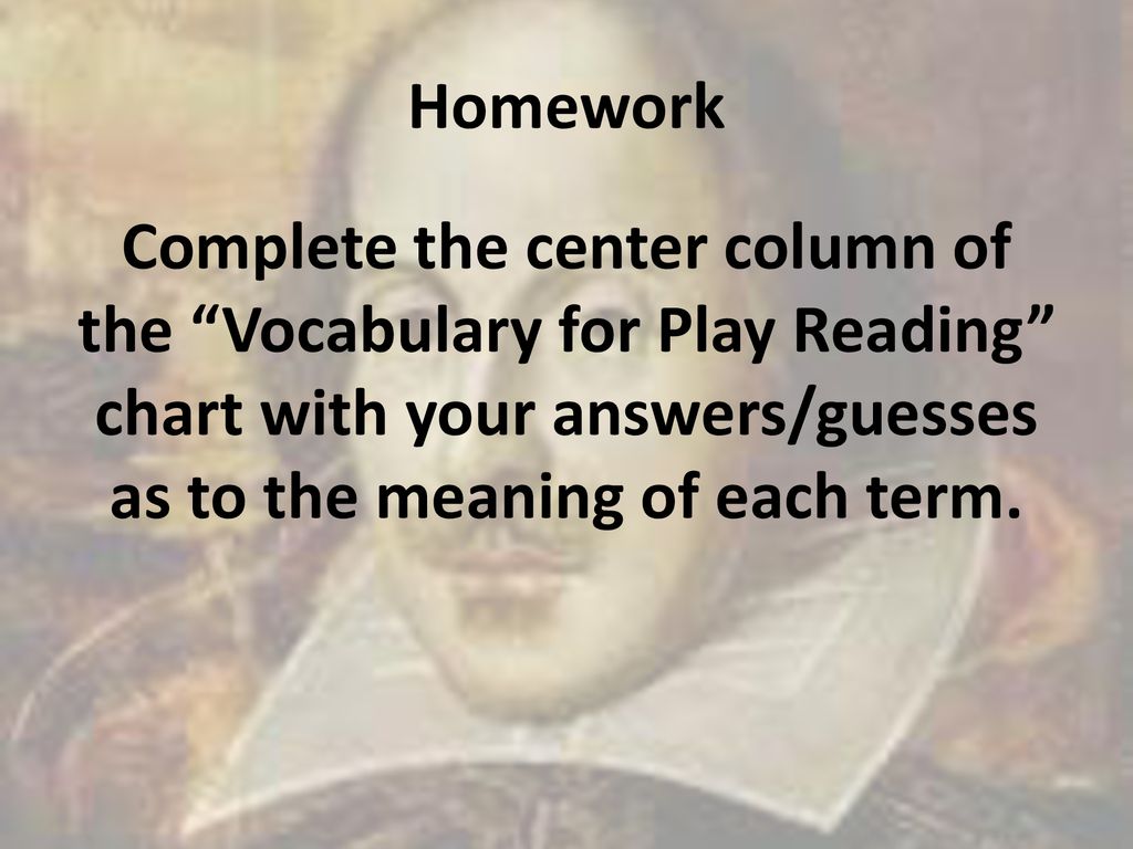 Homework Complete the center column of the Vocabulary for Play Reading chart with your answers/guesses as to the meaning of each term.