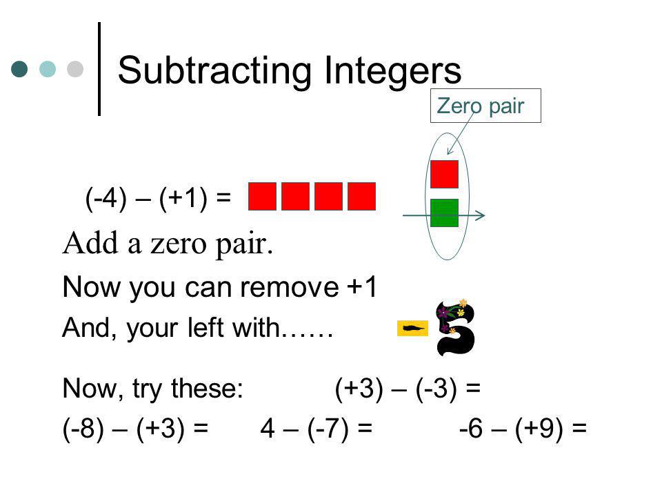 Subtracting Integers Add a zero pair. Now you can remove +1