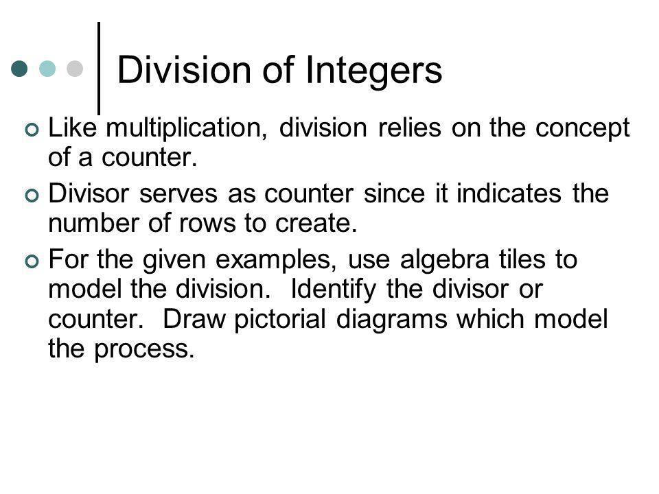 Division of Integers Like multiplication, division relies on the concept of a counter.