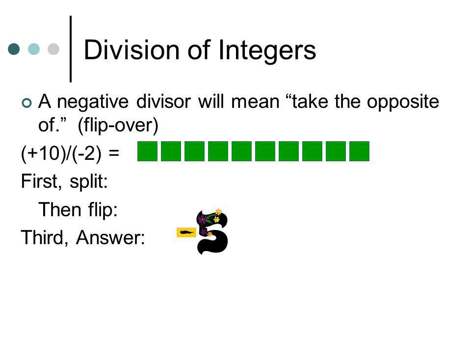 Division of Integers A negative divisor will mean take the opposite of. (flip-over) (+10)/(-2) =