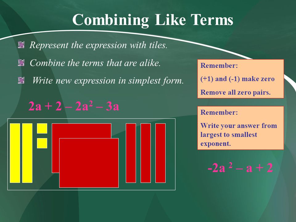 Combining Like Terms 2a + 2 – 2a2 – 3a -2a 2 – a + 2