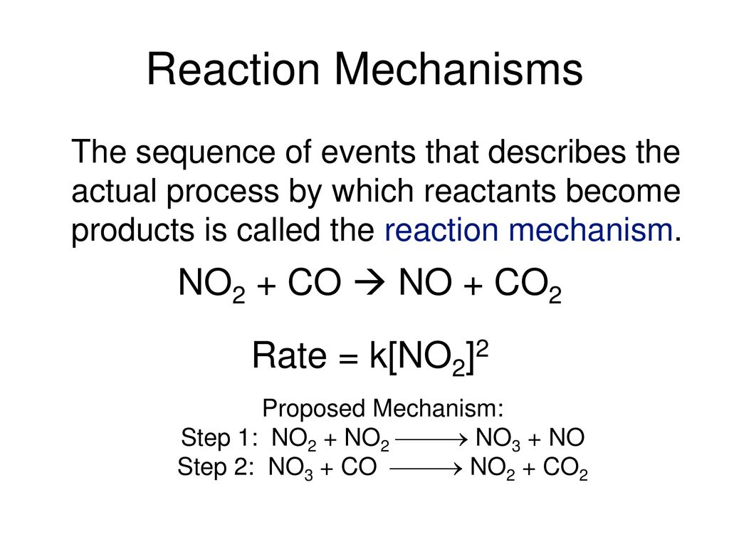Reaction Mechanisms NO2 + CO  NO + CO2 Rate = k[NO2]2