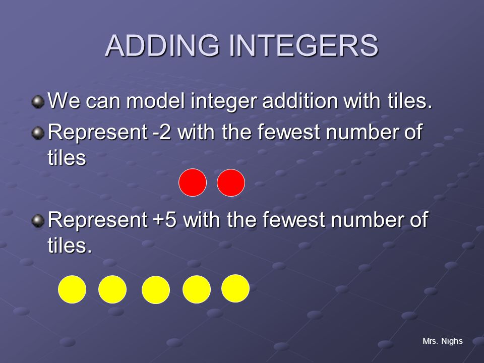 ADDING INTEGERS We can model integer addition with tiles.