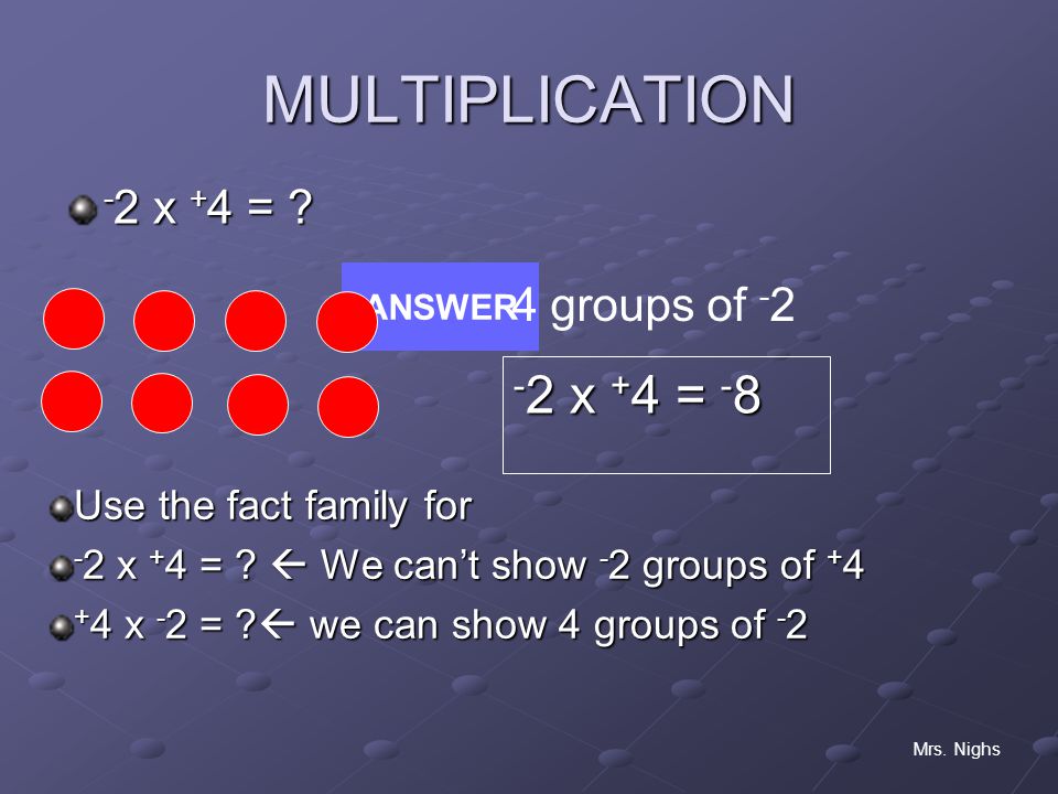 MULTIPLICATION -2 x +4 = x +4 = 4 groups of -2