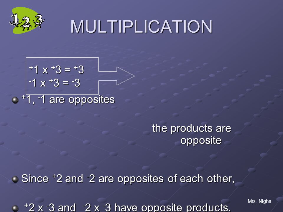 MULTIPLICATION +1 x +3 = x +3 = -3 +1, -1 are opposites