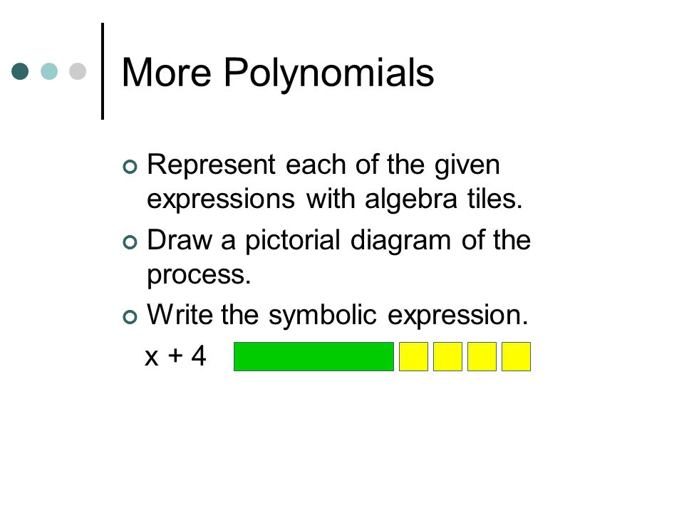 More Polynomials Represent each of the given expressions with algebra tiles. Draw a pictorial diagram of the process.