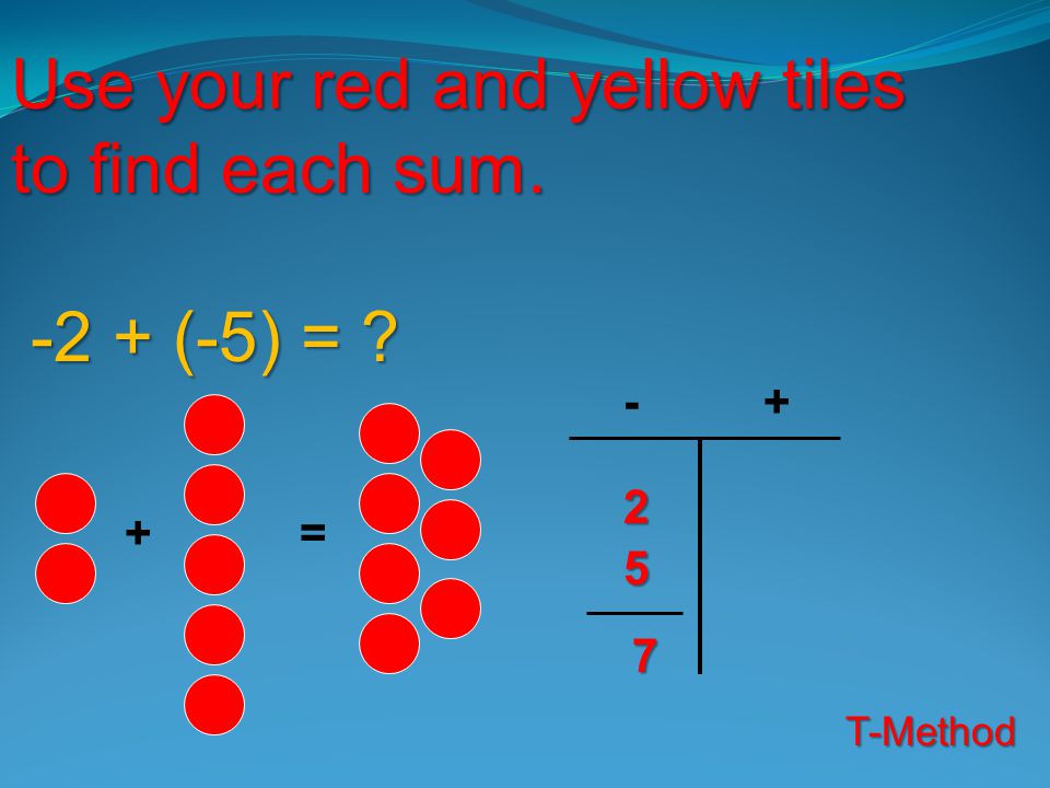 Use your red and yellow tiles to find each sum.