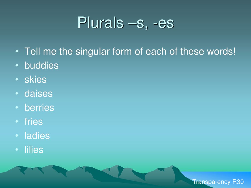 Plurals –s, -es Tell me the singular form of each of these words!