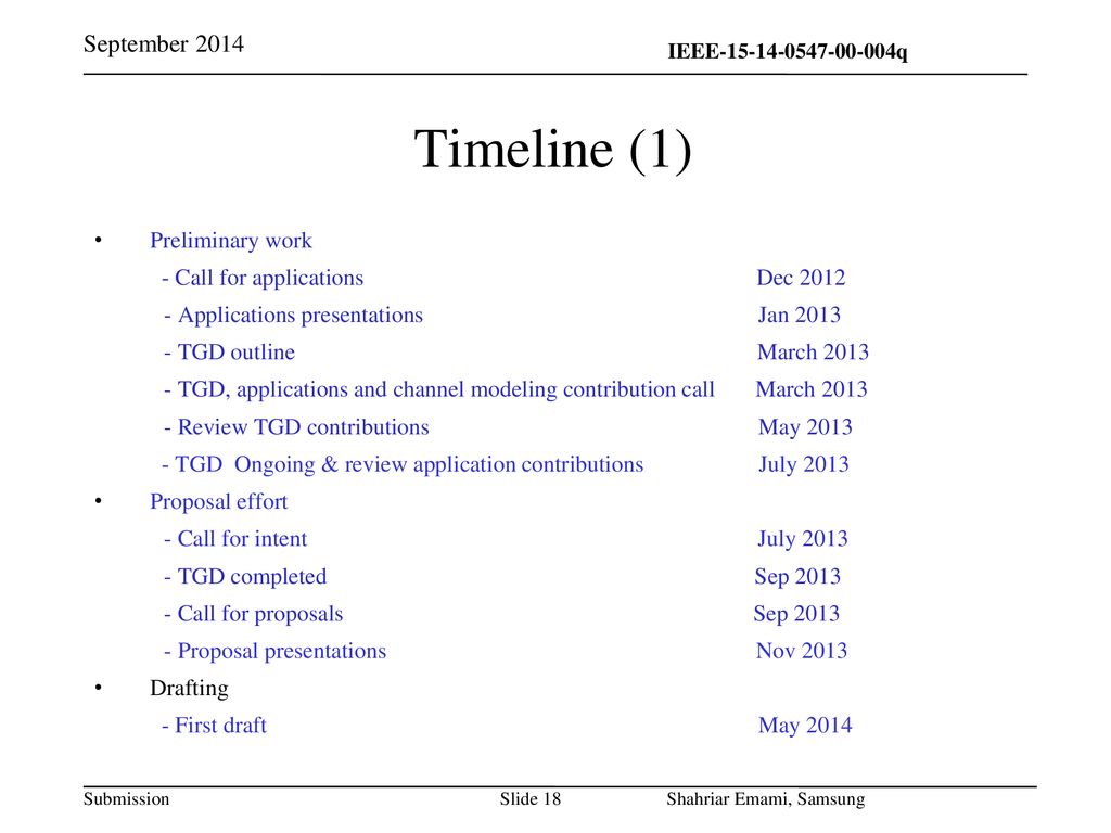 Timeline (1) September 2014 Preliminary work