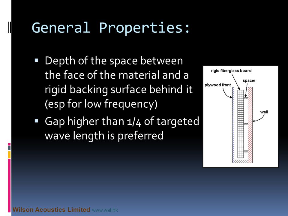 General Properties: Depth of the space between the face of the material and a rigid backing surface behind it (esp for low frequency)