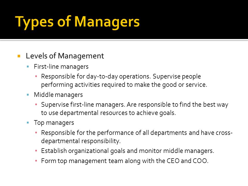 Types of Managers Levels of Management First-line managers