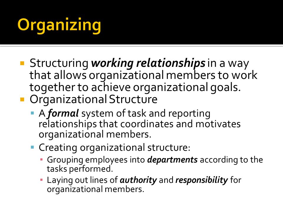 Organizing Structuring working relationships in a way that allows organizational members to work together to achieve organizational goals.