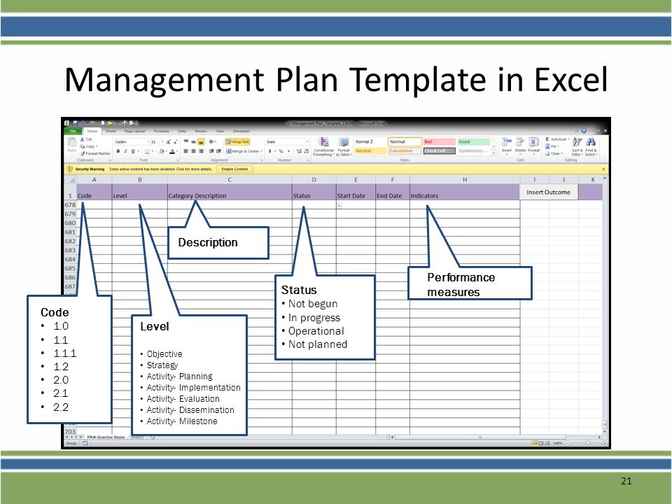Management Plan Template in Excel