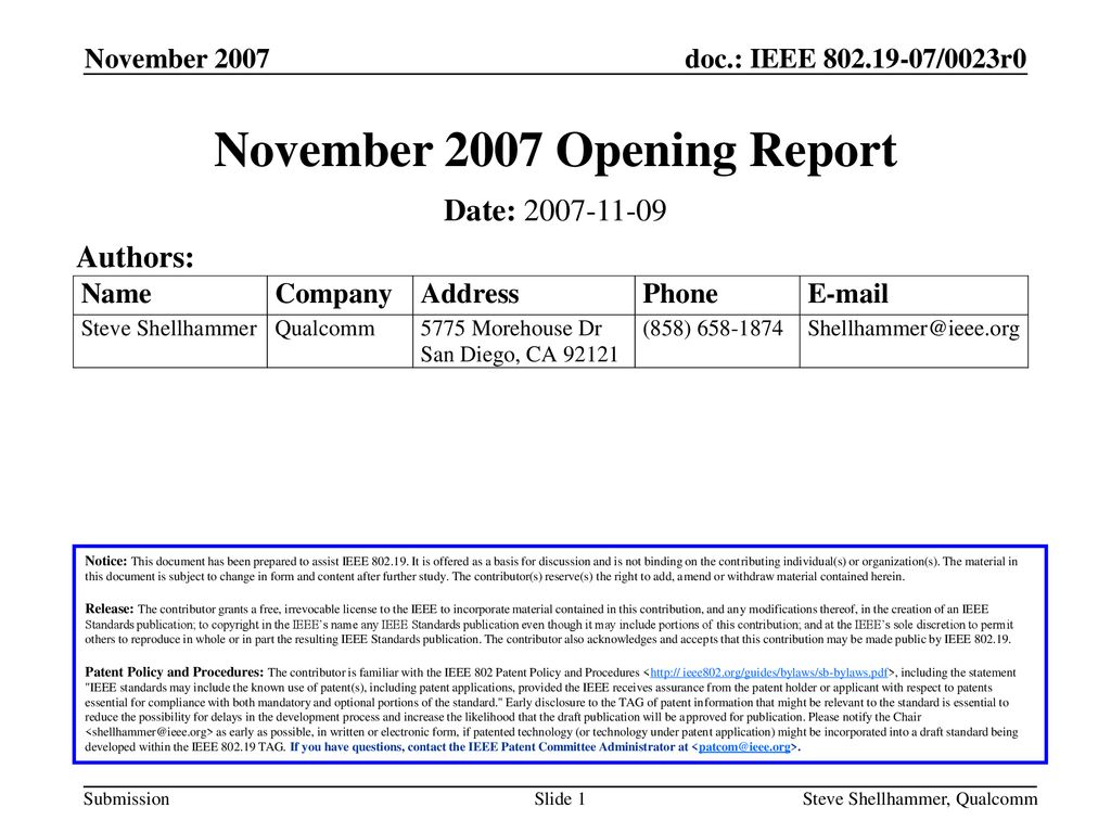 November 2007 Opening Report