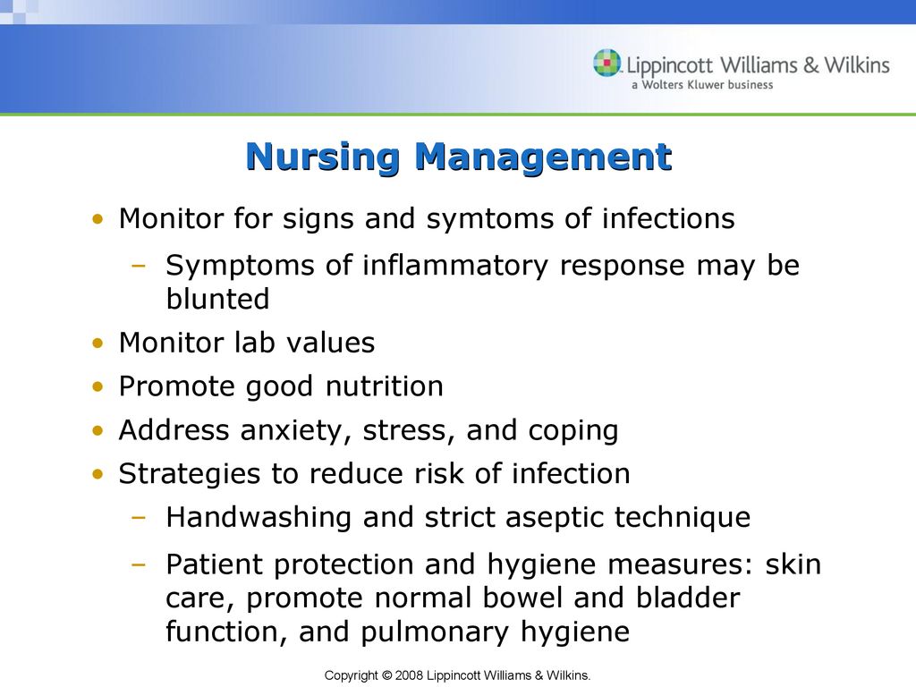 Nursing Management Monitor for signs and symtoms of infections