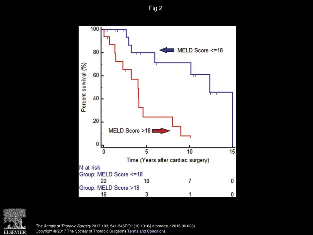 Fig 2 Kaplan-Meier survival stratified by postoperative Model for End-Stage Liver Disease (MELD) score (log-rank; p < 0.001).