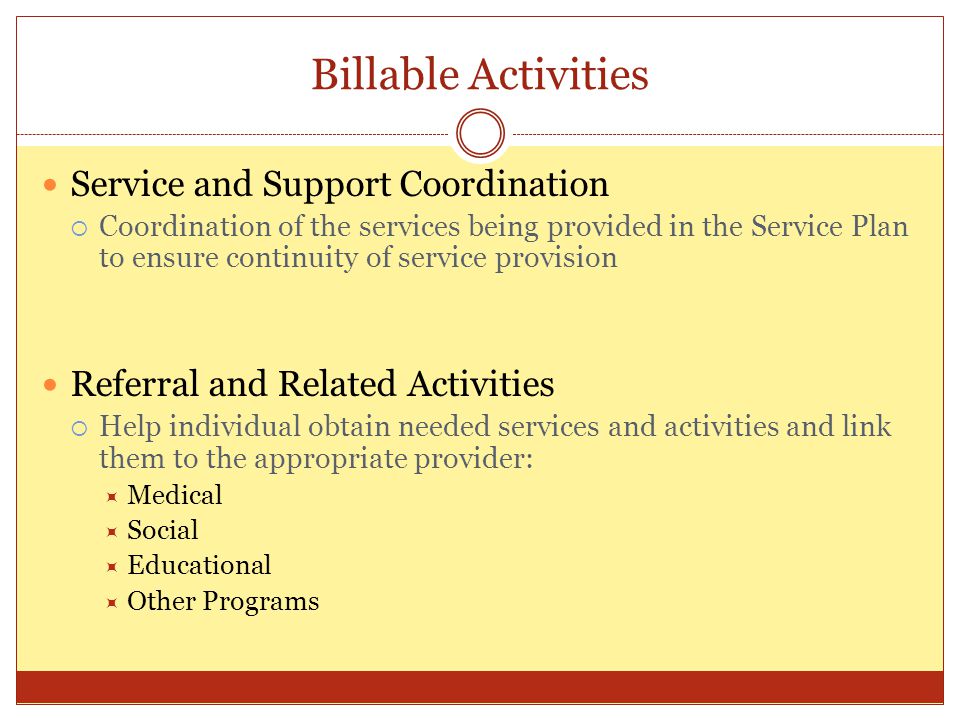 Billable Activities Service and Support Coordination