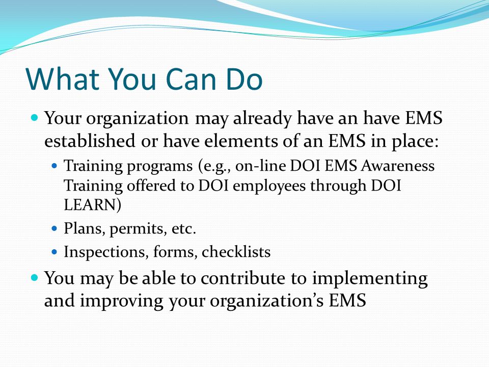 What You Can Do Your organization may already have an have EMS established or have elements of an EMS in place: