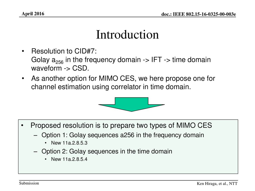 Introduction Resolution to CID#7: Golay a256 in the frequency domain -> IFT -> time domain waveform -> CSD.