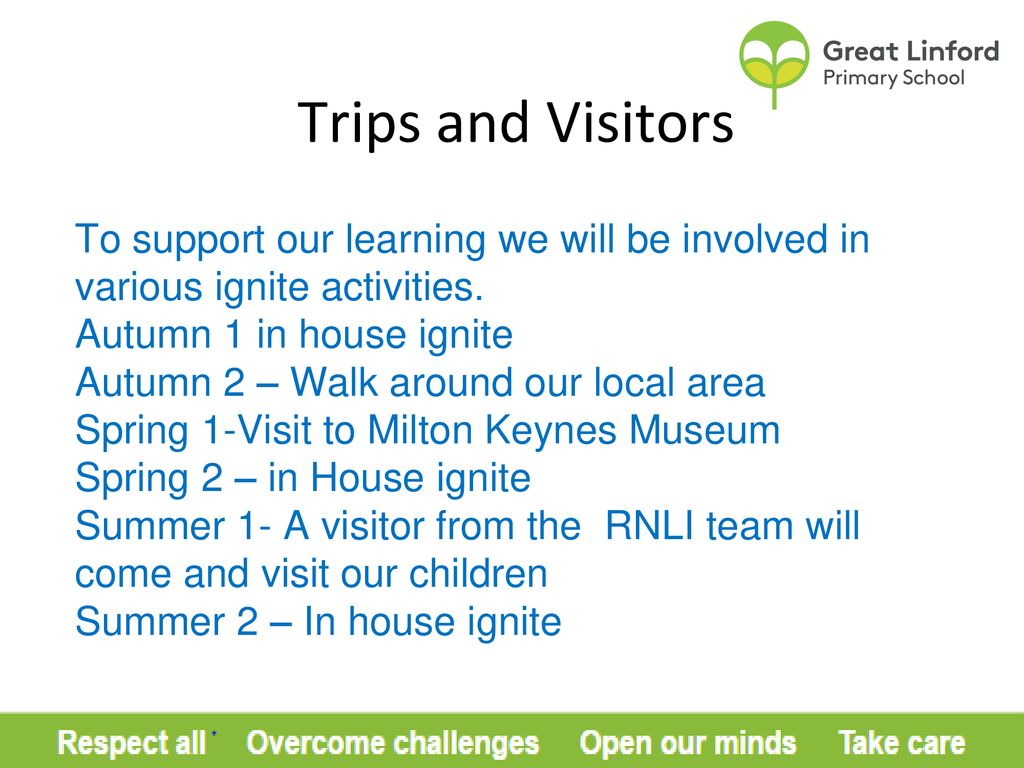 Trips and Visitors To support our learning we will be involved in various ignite activities. Autumn 1 in house ignite.