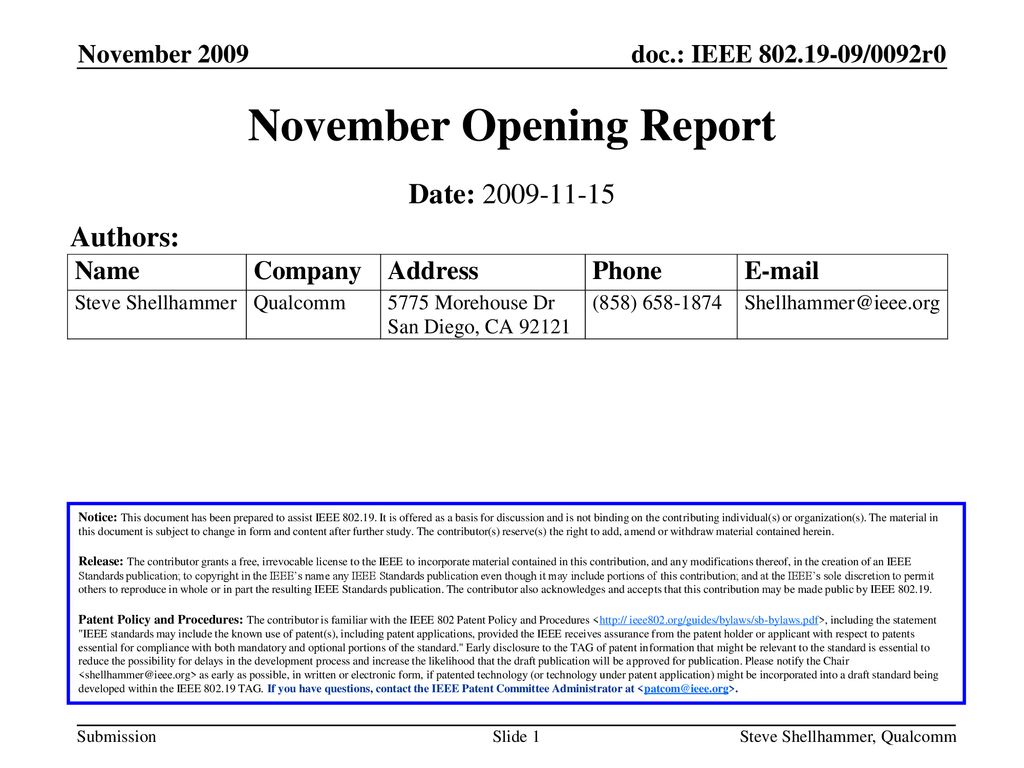 November Opening Report