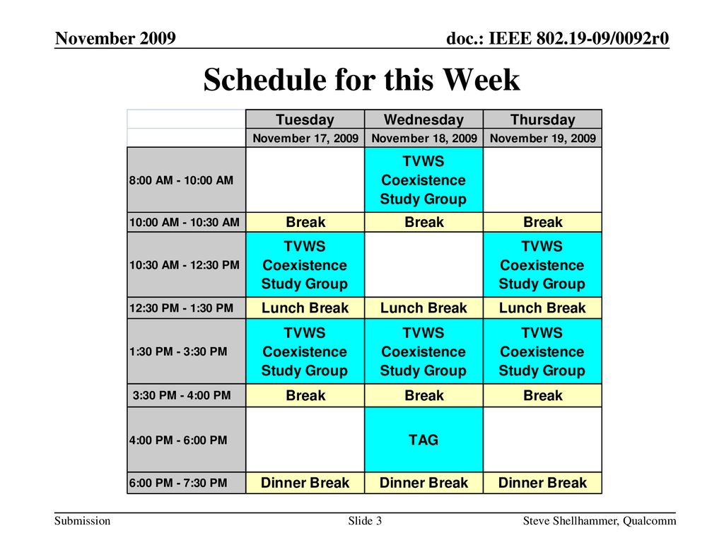 November 2009 Schedule for this Week Steve Shellhammer, Qualcomm