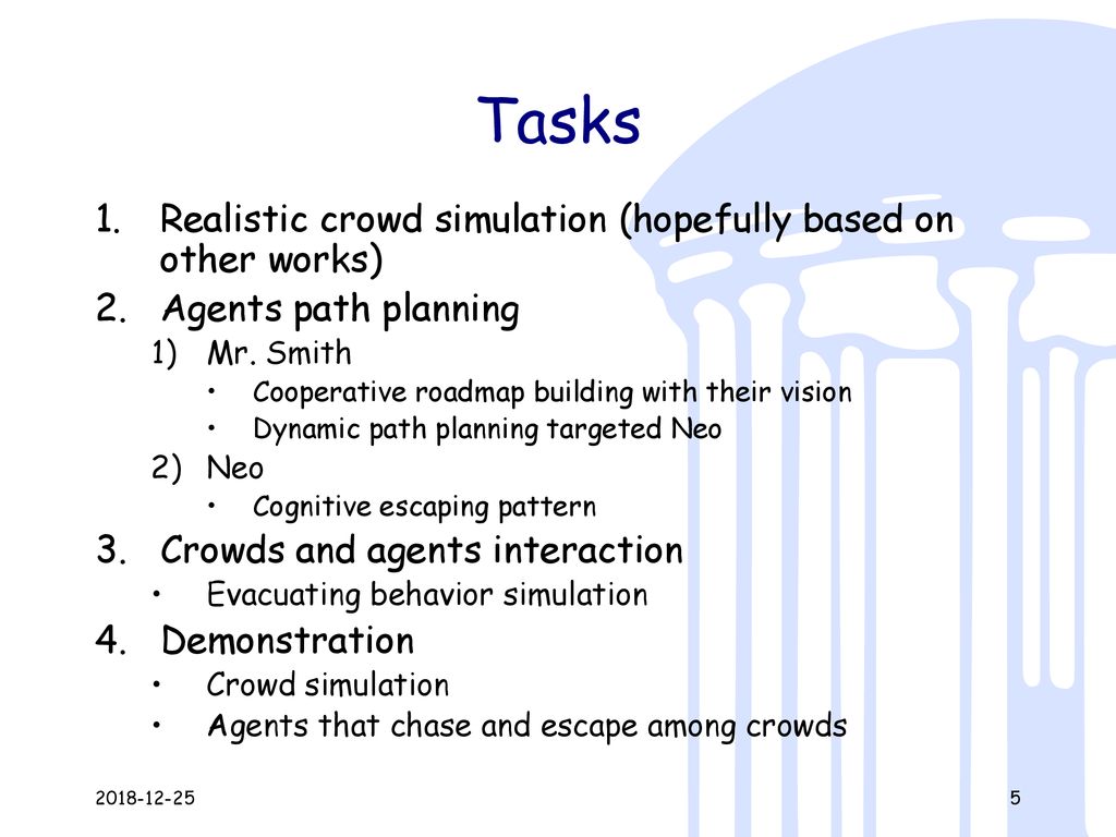 Tasks Realistic crowd simulation (hopefully based on other works)