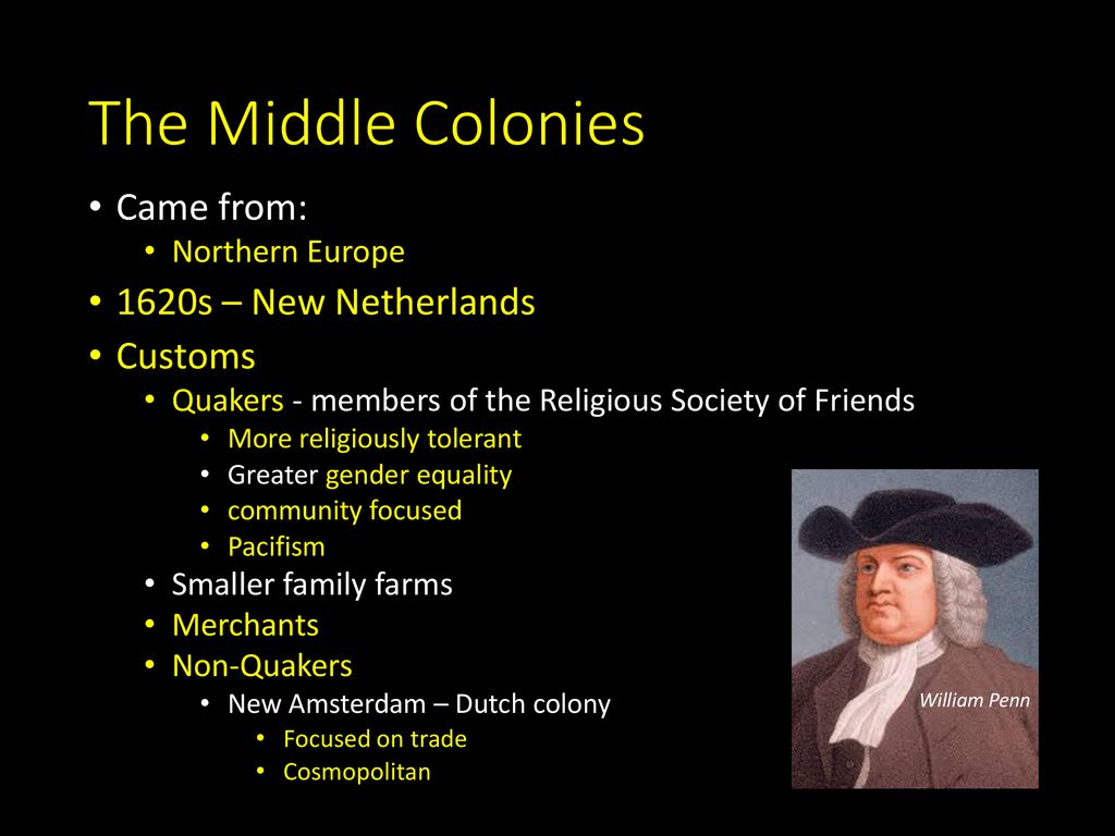 The Middle Colonies Came from: 1620s – New Netherlands Customs