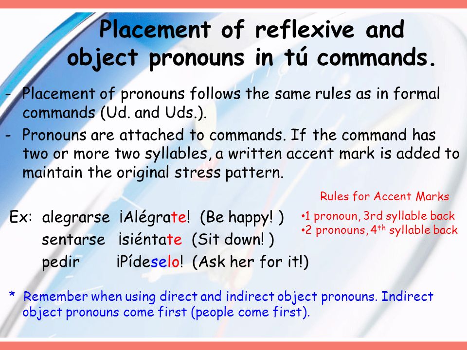 Placement of reflexive and object pronouns in tú commands.