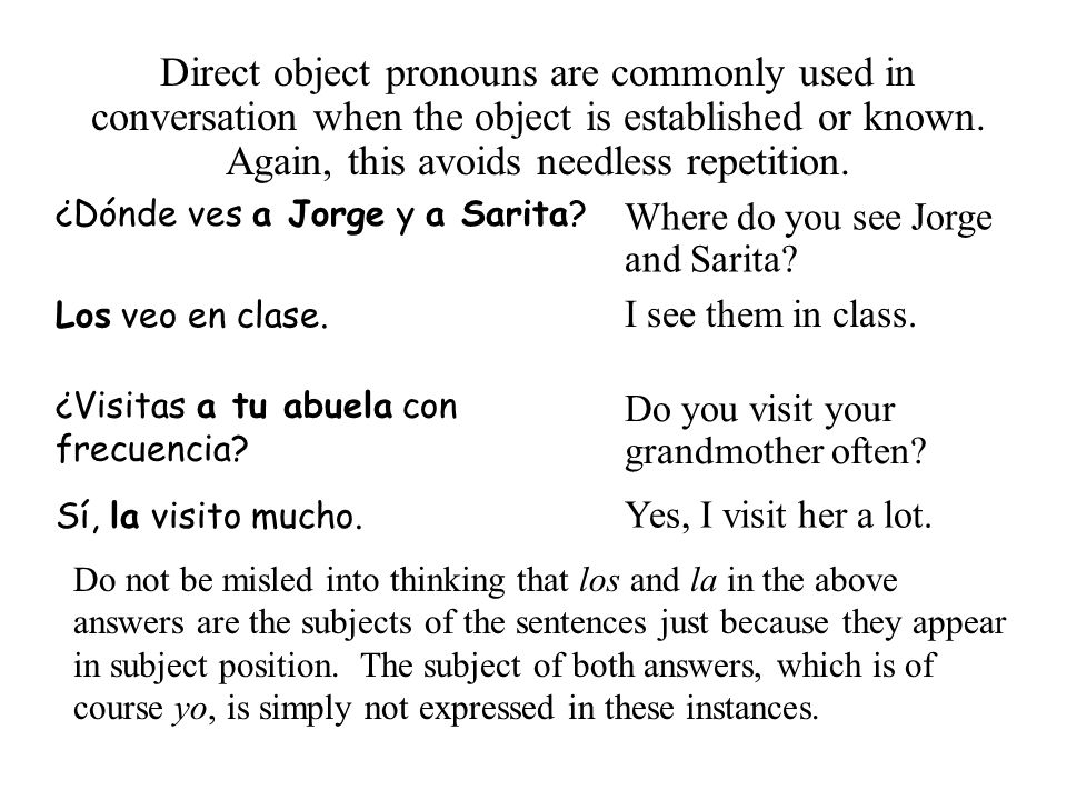 Direct object pronouns are commonly used in conversation when the object is established or known. Again, this avoids needless repetition.