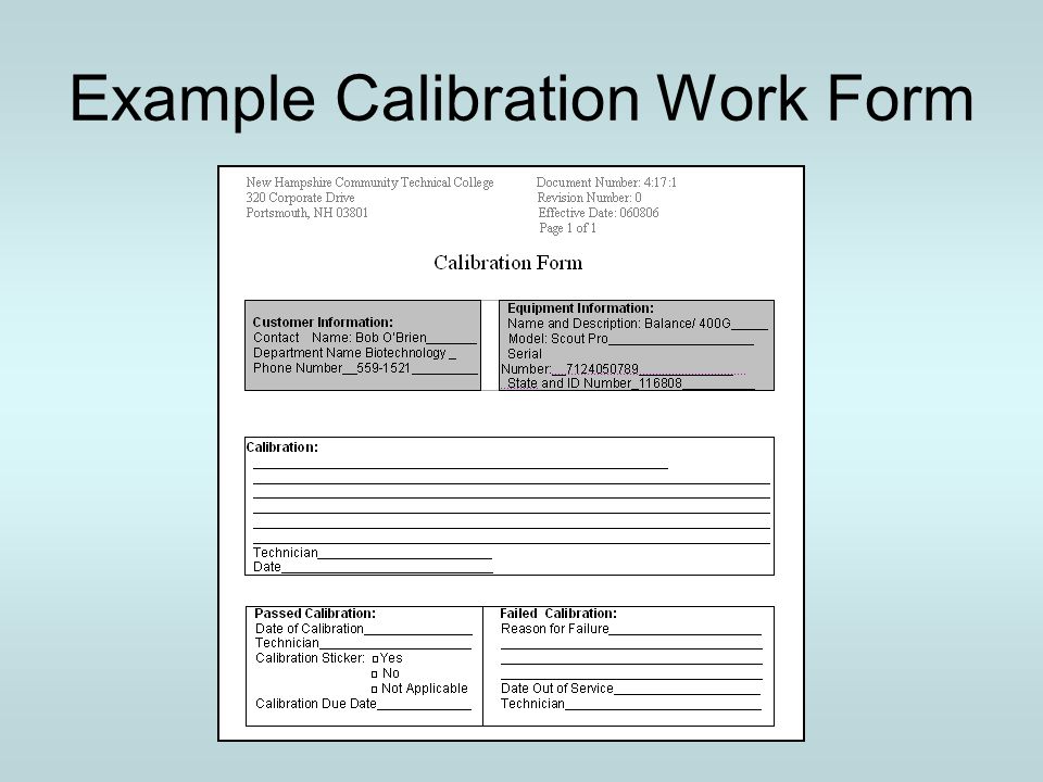 Example Calibration Work Form