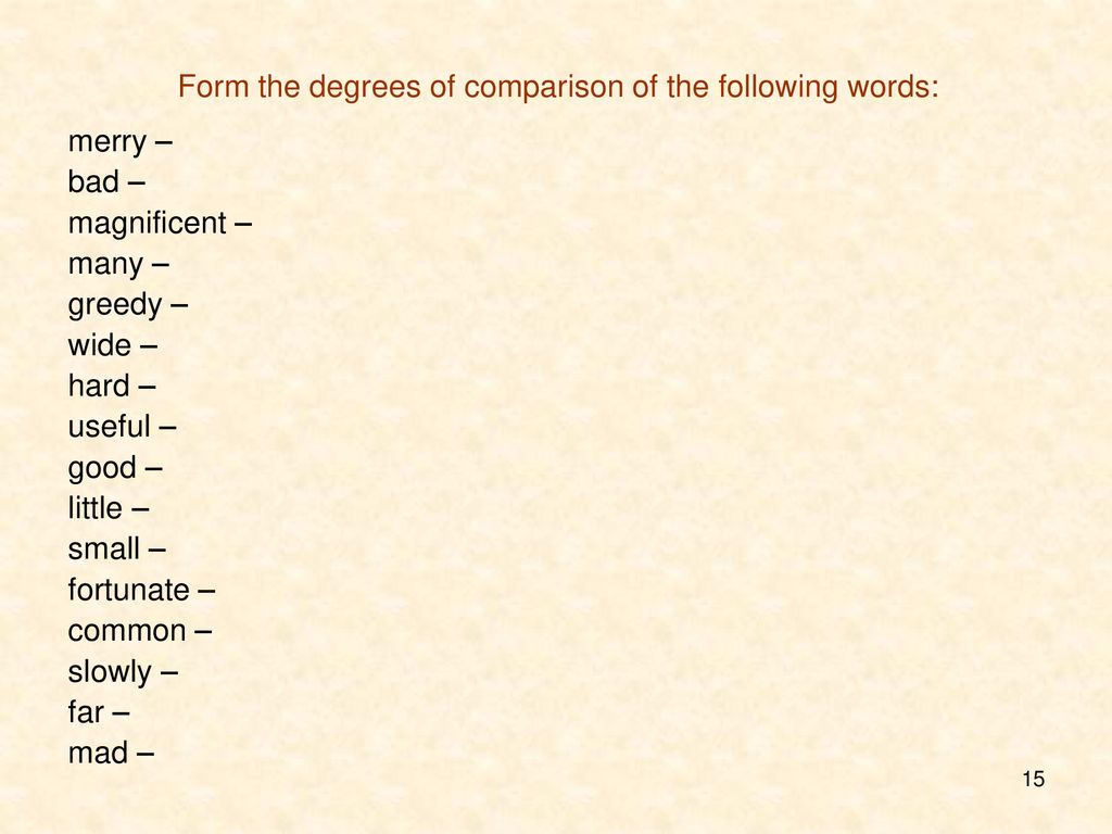 Little comparative form. Form the degrees of Comparison of the following Words. Form the degrees of Comparison of the following Words: Magnificent. Bad degrees of Comparison. Following Words.