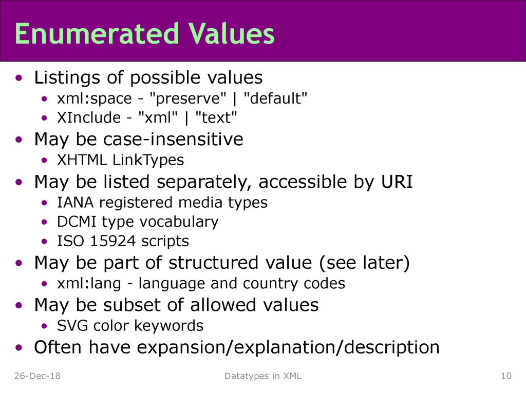 Enumerated Values Listings of possible values May be case-insensitive