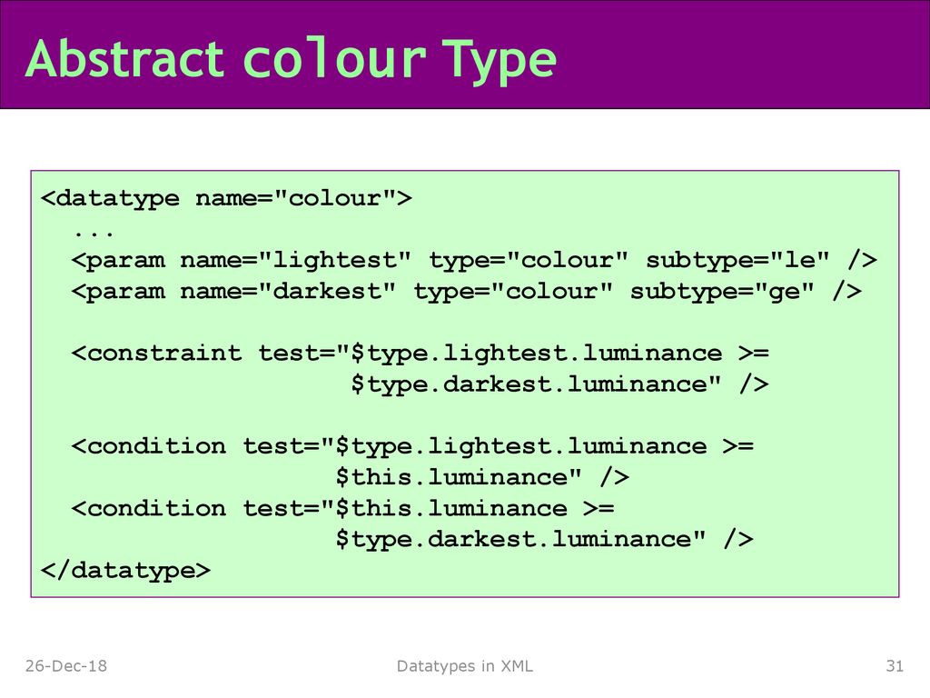 Abstract colour Type <datatype name= colour > ...
