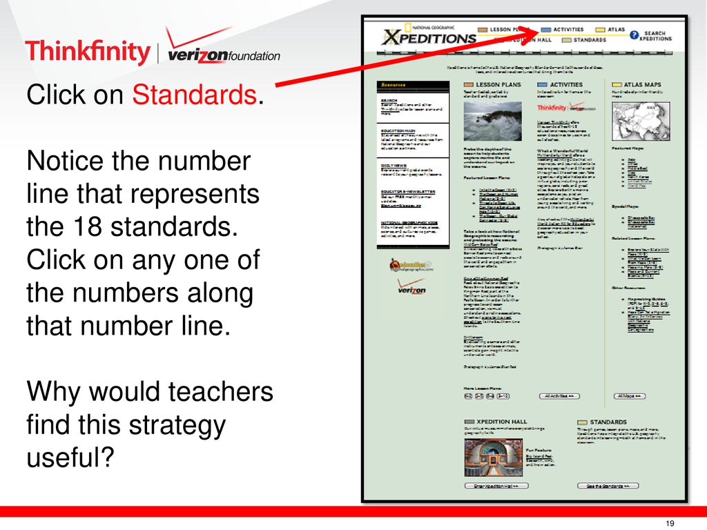 Click on Standards. Notice the number line that represents the 18 standards. Click on any one of the numbers along that number line.