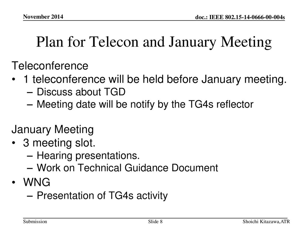 Plan for Telecon and January Meeting