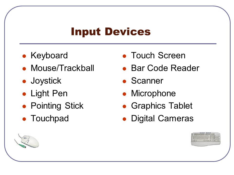 Input Devices Keyboard Mouse/Trackball Joystick Light Pen