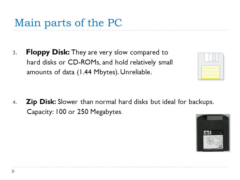 Main parts of the PC Floppy Disk: They are very slow compared to