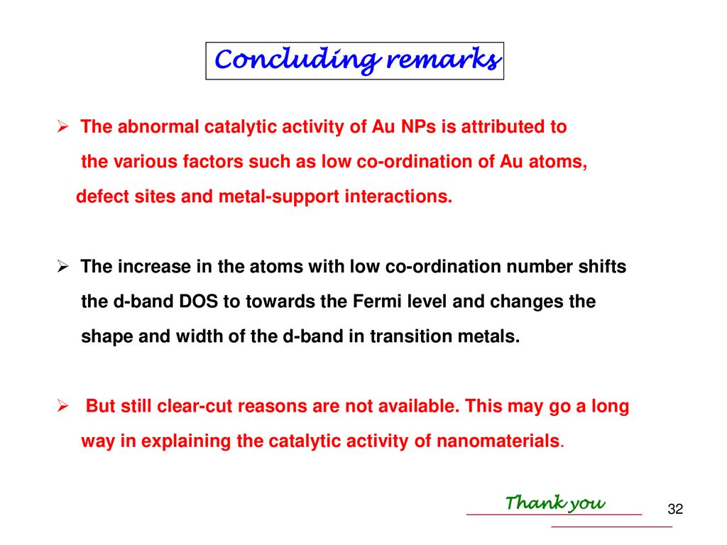 Concluding remarks The abnormal catalytic activity of Au NPs is attributed to. the various factors such as low co-ordination of Au atoms,