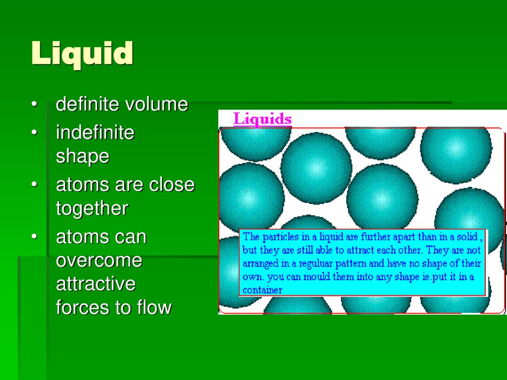 Liquid definite volume indefinite shape atoms are close together