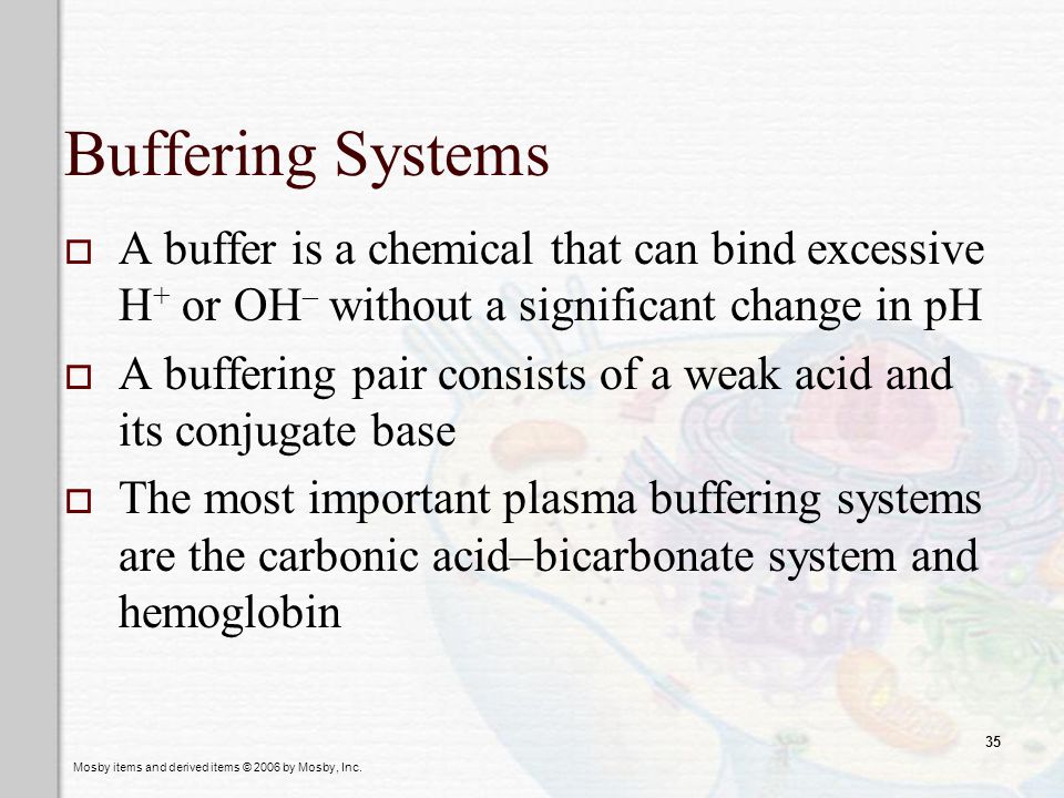 Buffering Systems A buffer is a chemical that can bind excessive H+ or OH– without a significant change in pH.