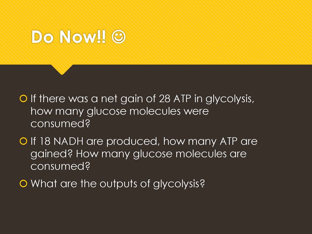 Do Now!!  If there was a net gain of 28 ATP in glycolysis, how many glucose molecules were consumed