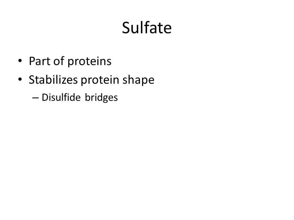 Sulfate Part of proteins Stabilizes protein shape Disulfide bridges