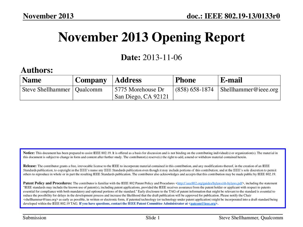November 2013 Opening Report