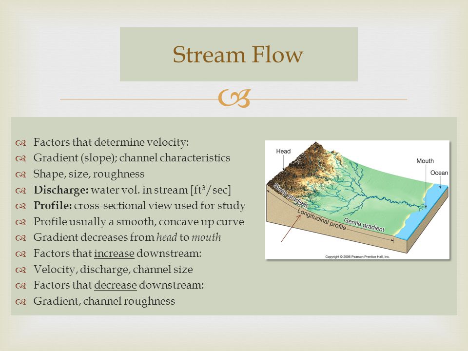 Stream Flow Factors that determine velocity: