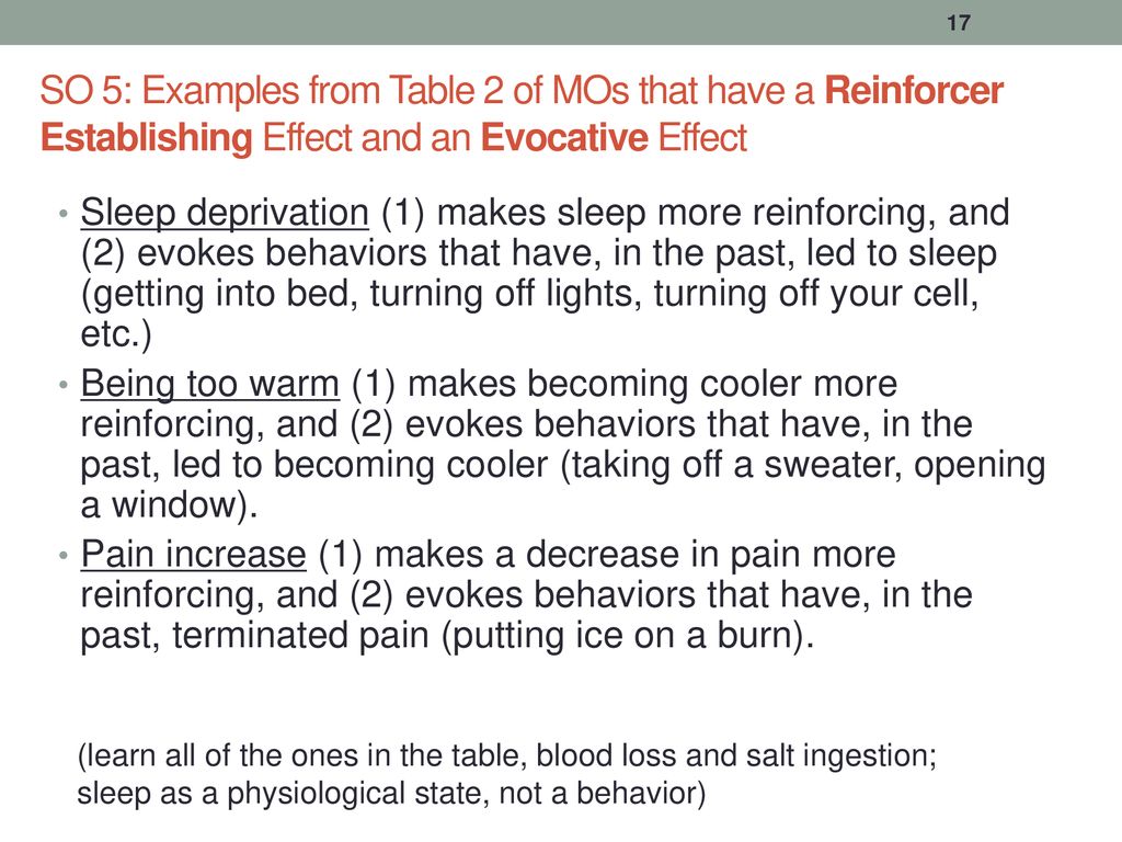 SO 5: Examples from Table 2 of MOs that have a Reinforcer Establishing Effect and an Evocative Effect