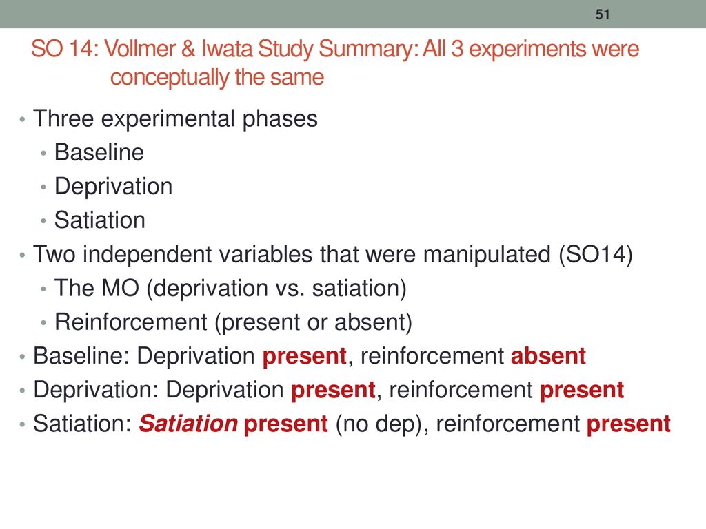 SO 14: Vollmer & Iwata Study Summary: All 3 experiments were conceptually the same