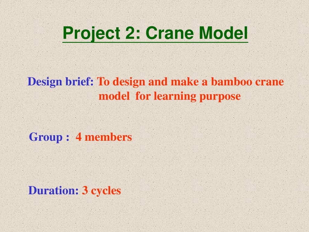 Project 2: Crane Model Design brief: To design and make a bamboo crane model for learning purpose.