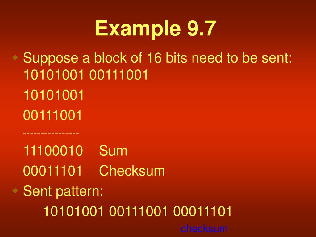 Example 9.7 Suppose a block of 16 bits need to be sent: