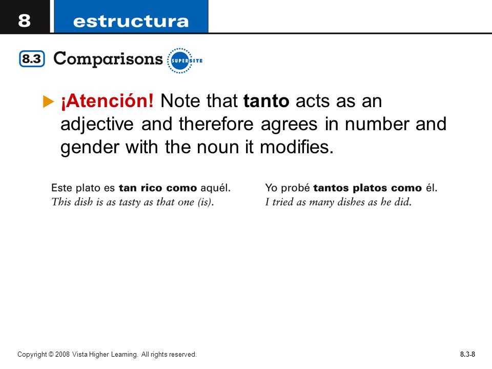 ¡Atención! Note that tanto acts as an adjective and therefore agrees in number and gender with the noun it modifies.